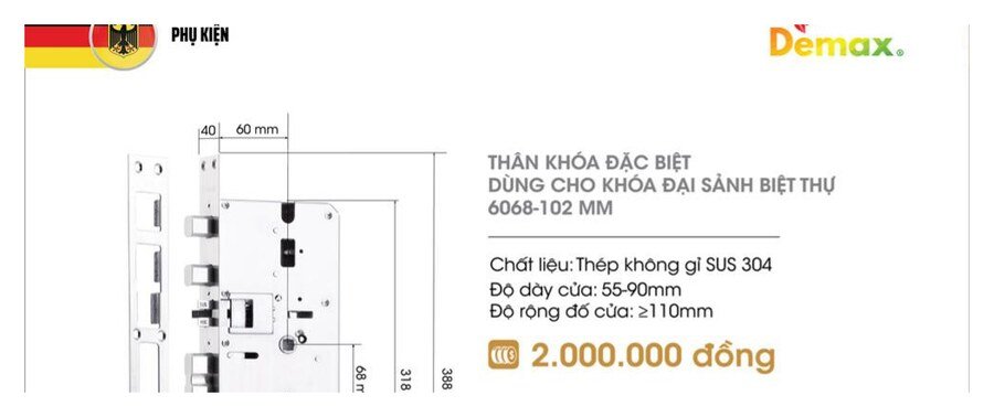 Thân khóa Demax đại sảnh biệt thự 6068-102mm