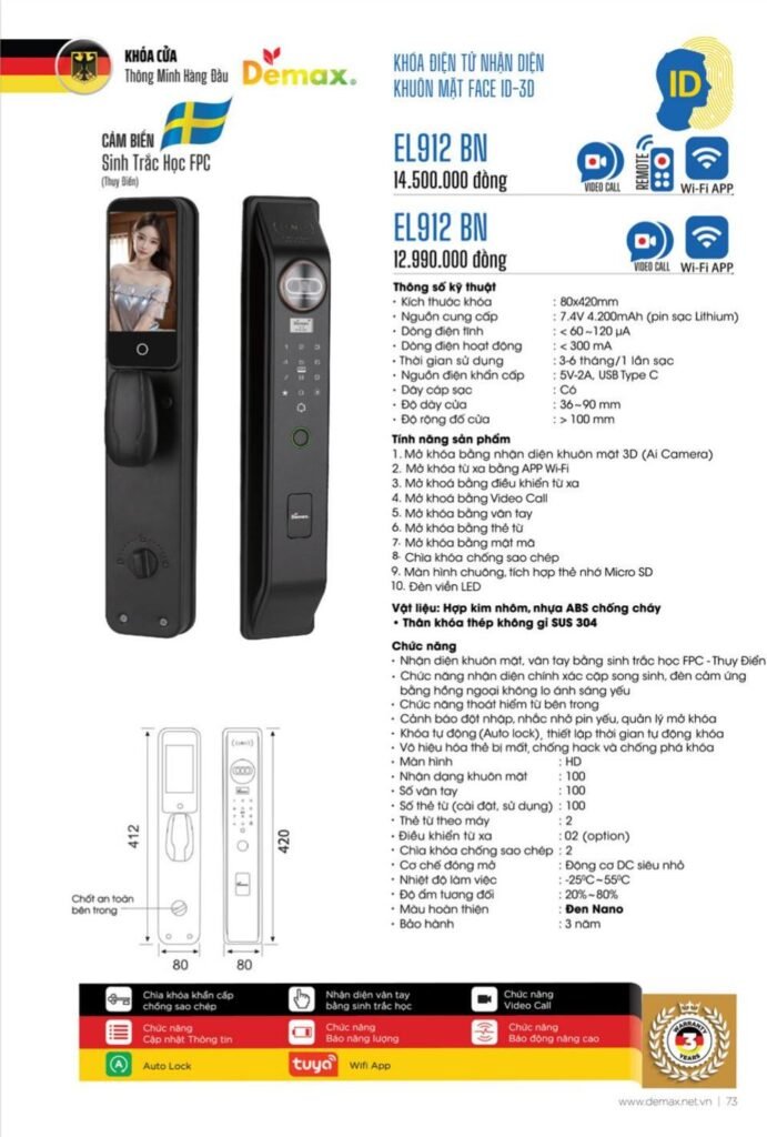 Khóa vân tay Face ID Demax EL912