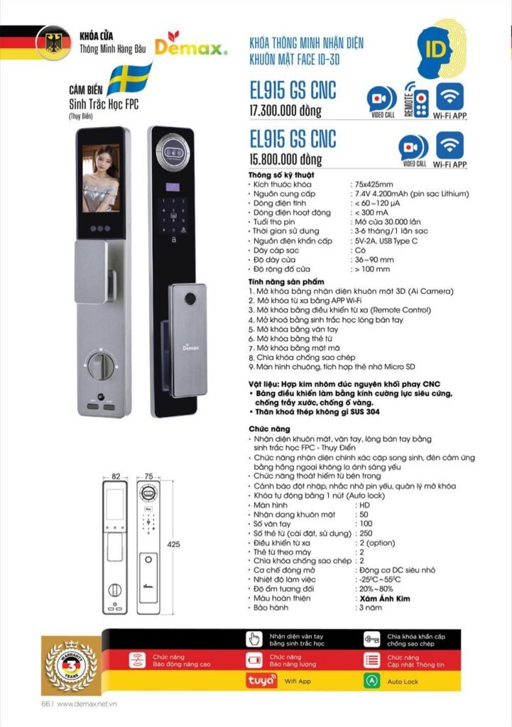 Khóa vân tay Face ID Demax EL915 CNC