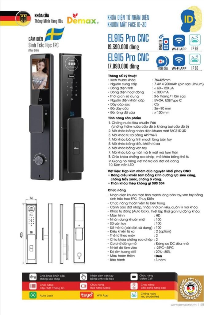 Khóa vân tay Face ID Demax EL915 Pro CNC
