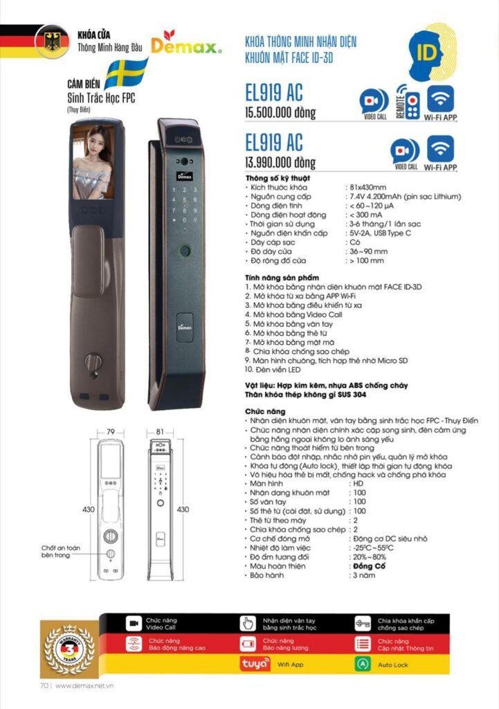 Khóa vân tay Face ID Demax EL919