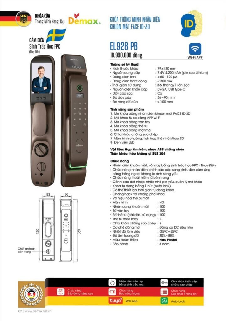Khóa vân tay Face ID Demax EL928