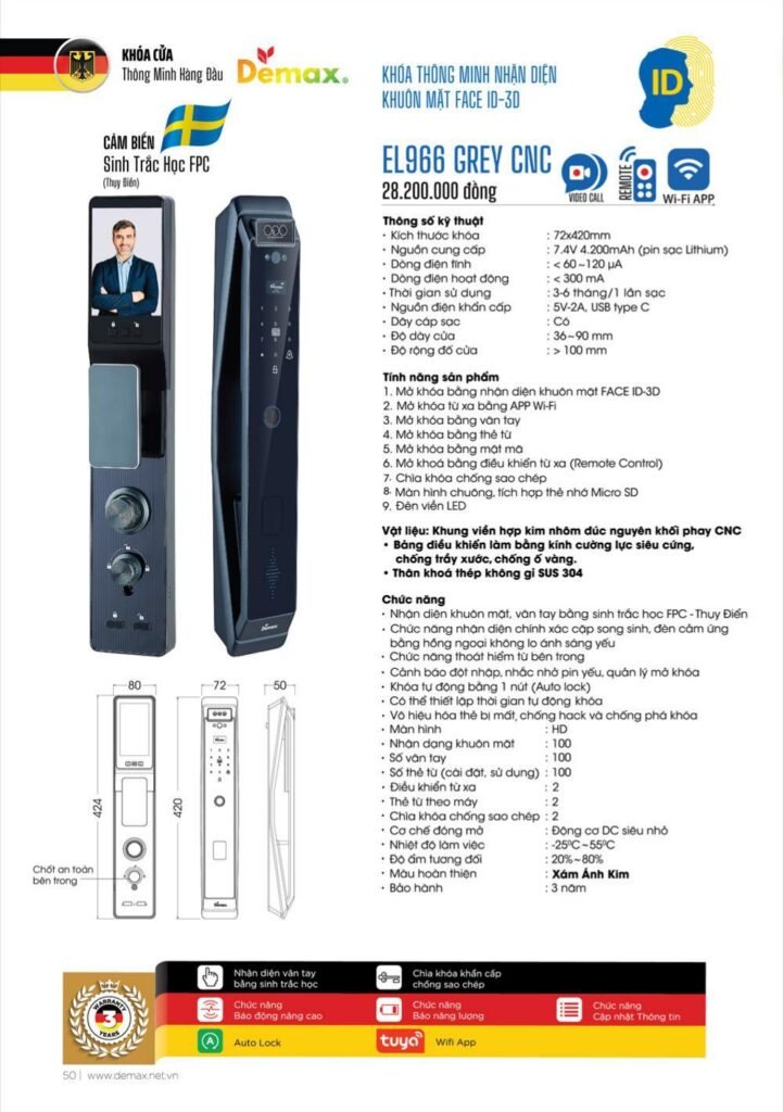 Khóa vân tay Face ID Demax EL966 CNC