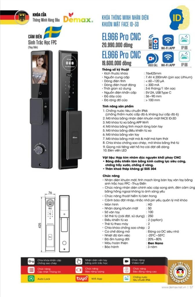 Khóa vân tay Face ID Demax EL966 Pro CNC
