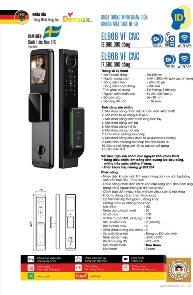Khóa vân tay Face ID Demax EL966 VF CNC