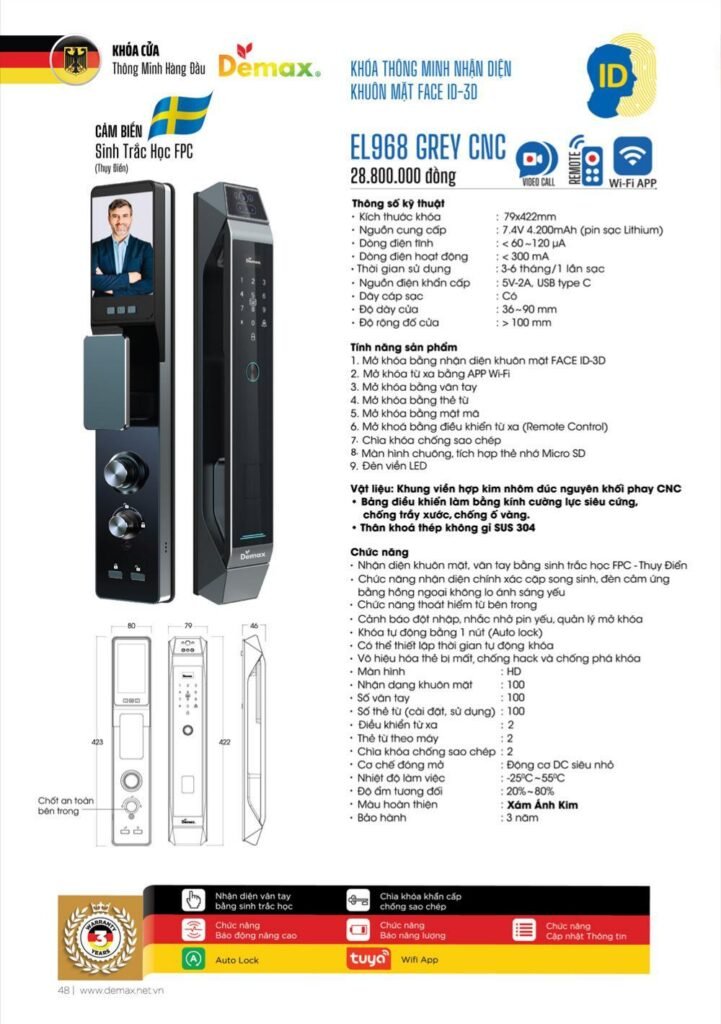 Khóa vân tay Face ID Demax EL968 CNC