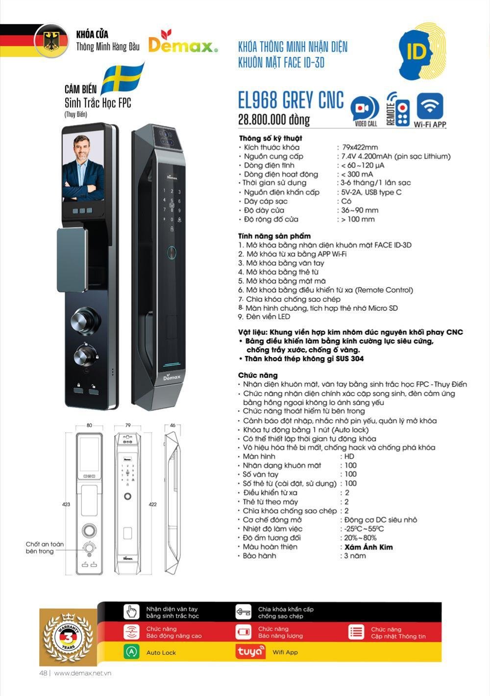 Khóa vân tay Face ID Demax EL968 CNC
