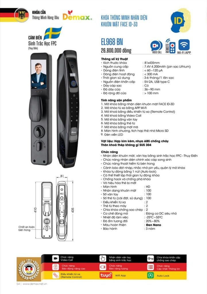 Khóa vân tay Face ID Demax EL968