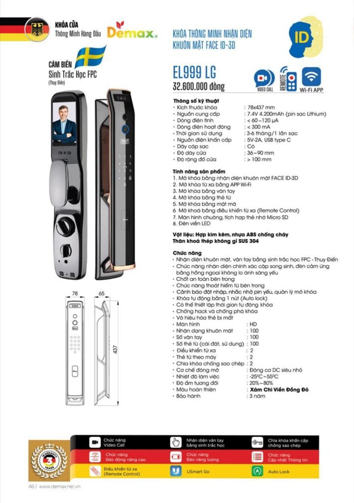 Khóa vân tay Face ID Demax EL999