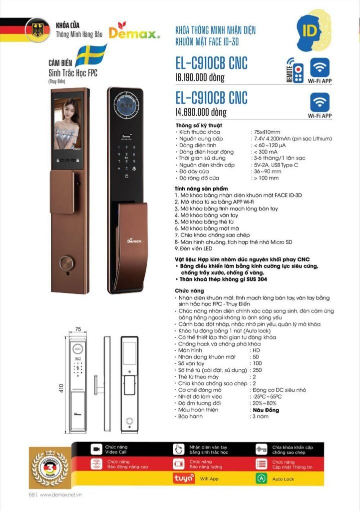 Khóa vân tay Face ID Demax EL-C910 CNC
