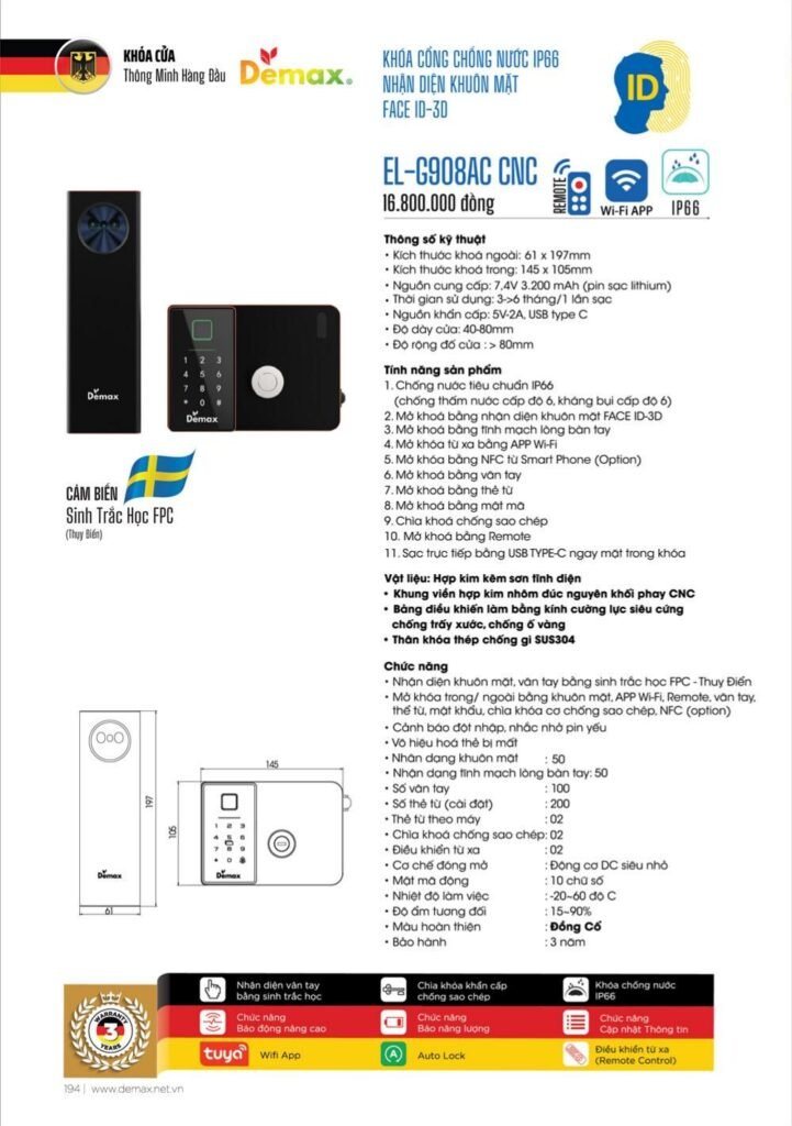 Khóa vân tay Demax EL-G908 CNC