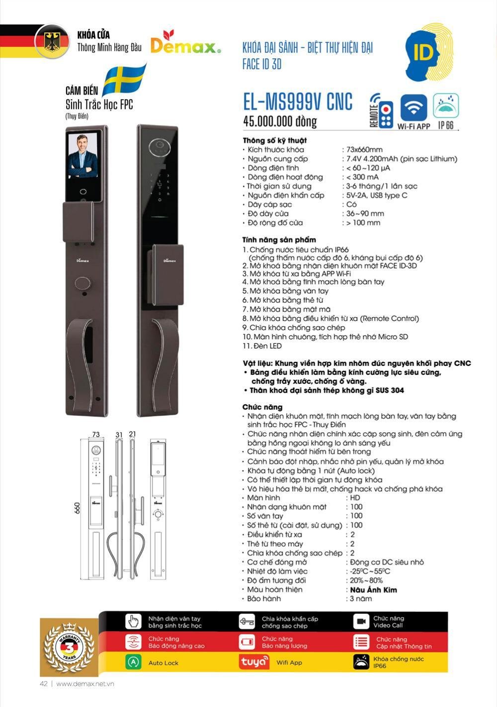 Khóa vân tay Face ID Demax EL-MS999 CNC