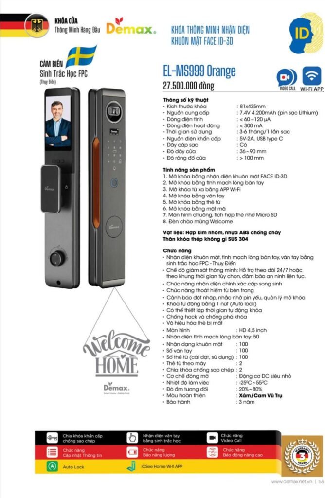 Khóa vân tay Face ID Demax EL-MS999 Orange