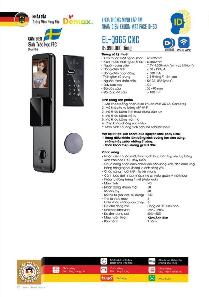 Khóa vân tay Face ID Demax EL-Q965 CNC