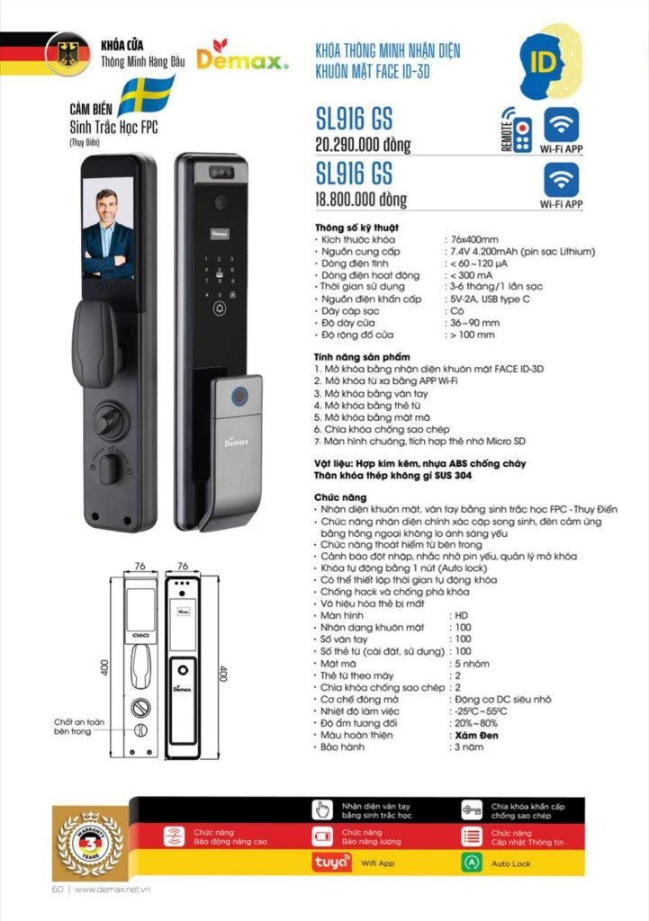 Khóa vân tay Face ID Demax SL916