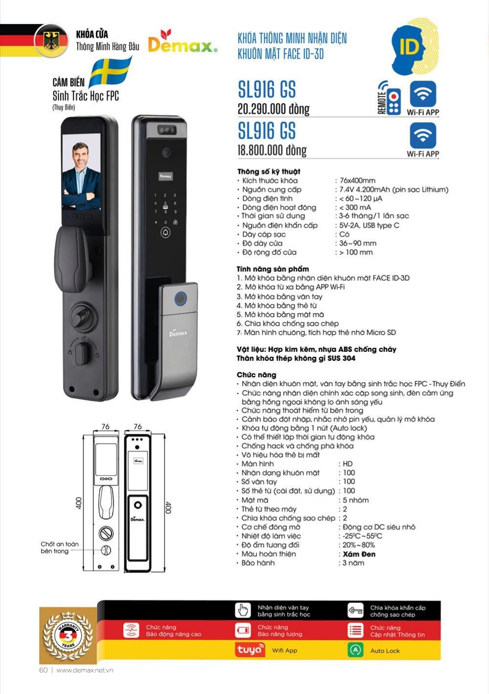 Khóa vân tay Face ID Demax SL916