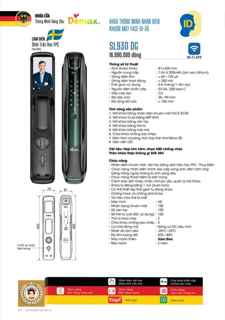 Khóa vân tay Face ID Demax SL930