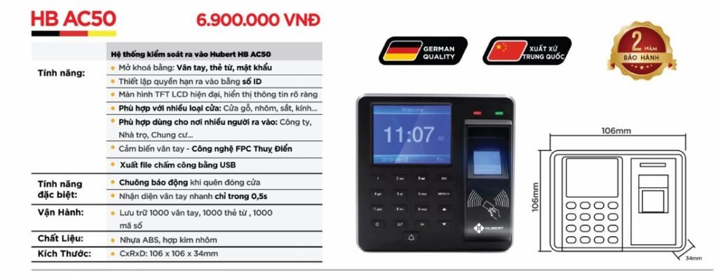 Khóa điện tử Hubert Kiểm Soát Ra Vào HB AC50