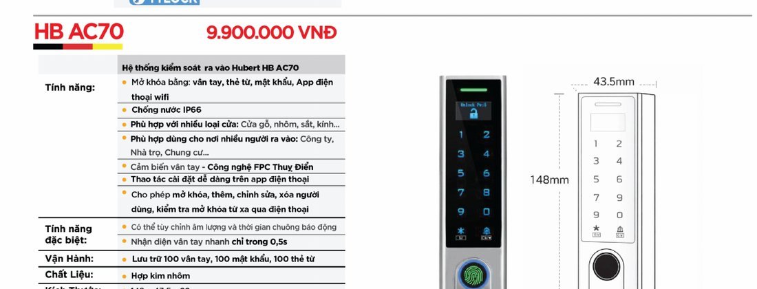 Khóa điện tử Hubert Kiểm Soát Ra Vào HB AC70