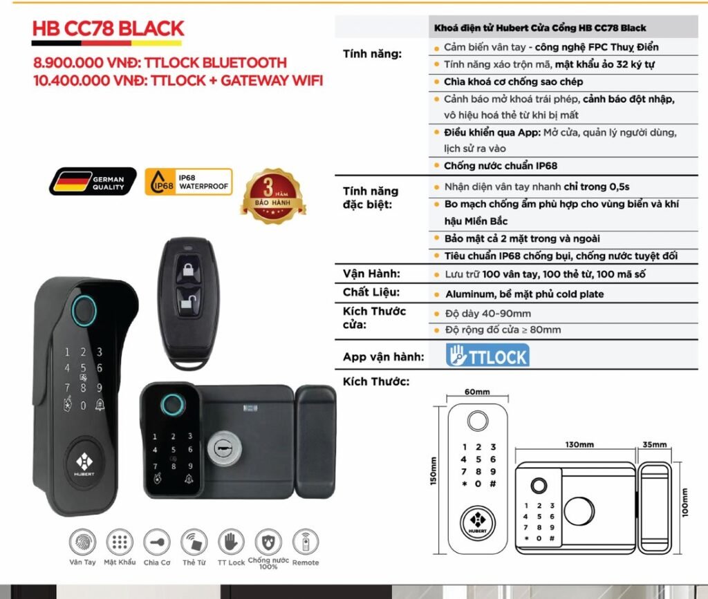 Khóa điện tử Hubert Cửa Cổng HB CC78 Black