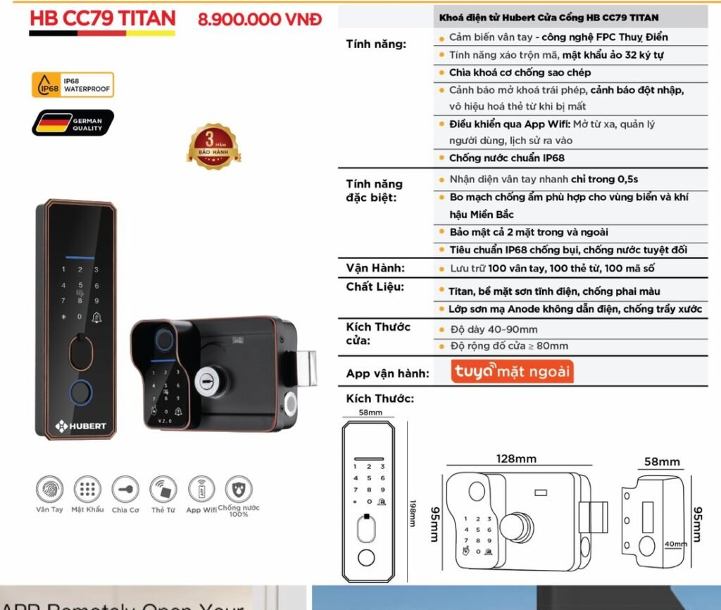 Khóa điện tử Hubert Cửa Cổng HB CC79 Titan