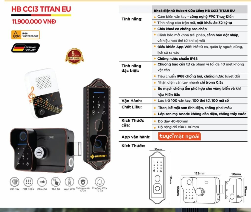 Khóa điện tử Hubert Cửa Cổng HB CCI3 Titan EU