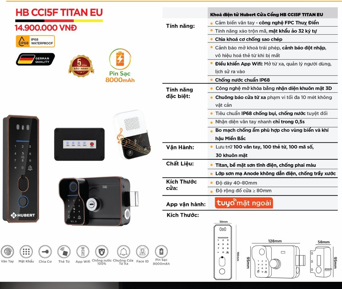 Khóa điện tử Hubert Cửa Cổng HB CCI5F Titan EU