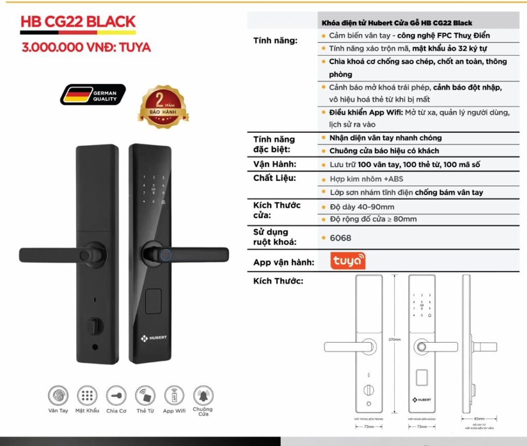 Khóa điện tử Hubert Cửa Gỗ HB CG22 Black