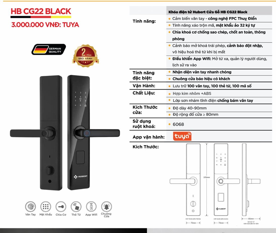 Khóa điện tử Hubert Cửa Gỗ HB CG22 Black