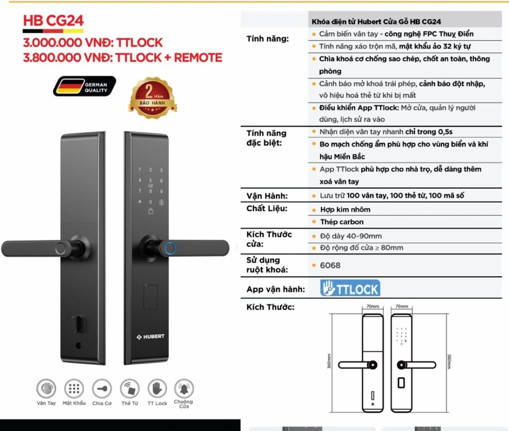 Khóa điện tử Hubert Cửa Gỗ HB CG24