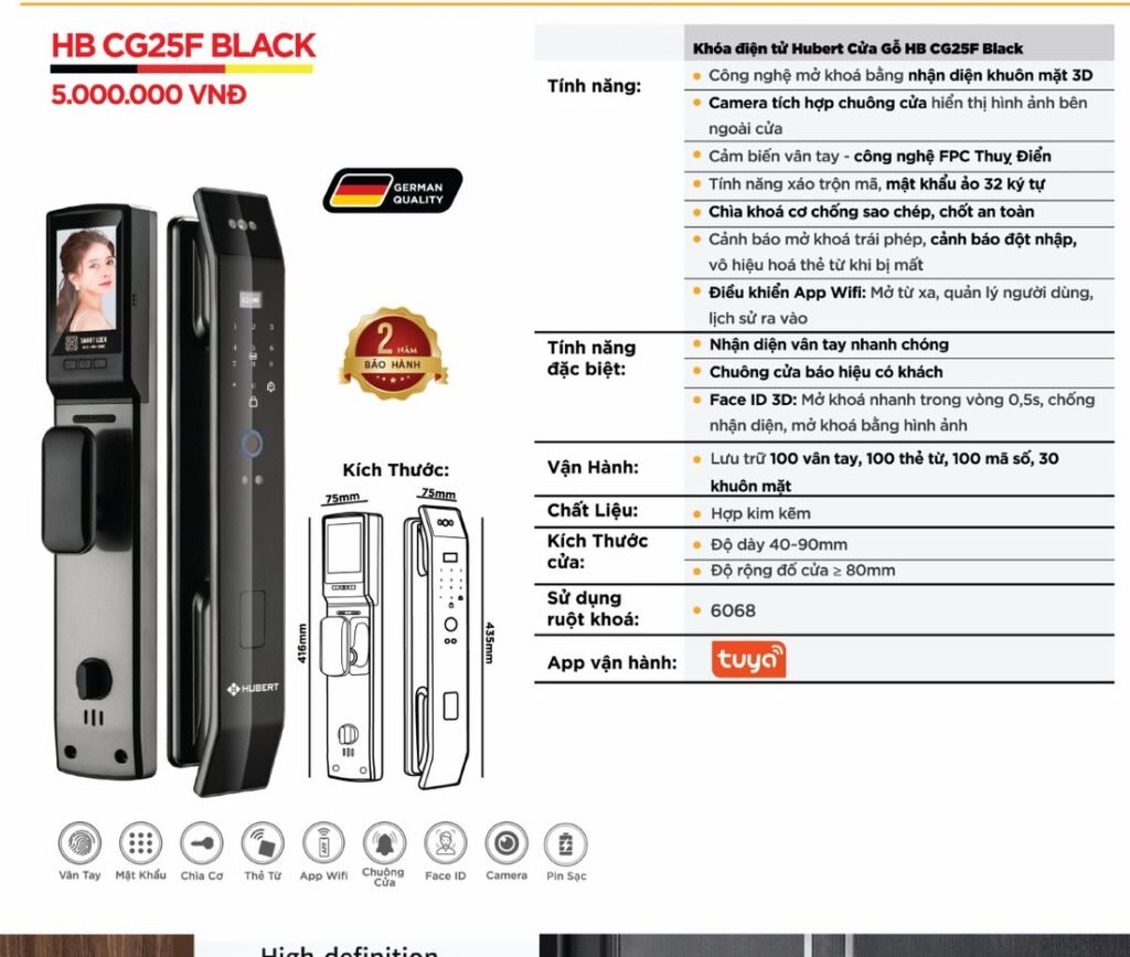 Khóa điện tử Hubert Cửa Gỗ HB CG25F Black