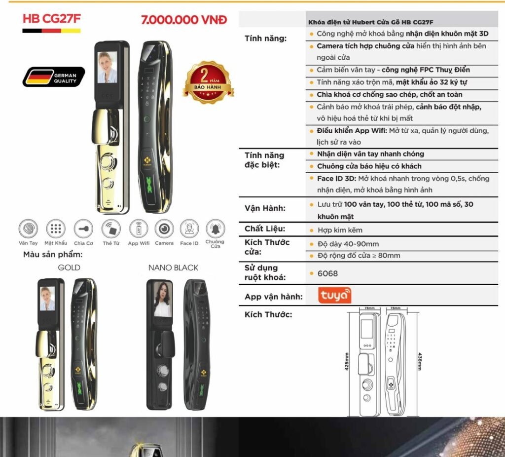 Khóa điện tử Hubert Cửa Gỗ HB CG27F