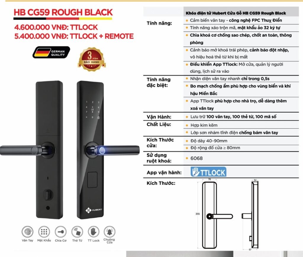 Khóa điện tử Hubert Cửa Gỗ HB CG59 Rough Black