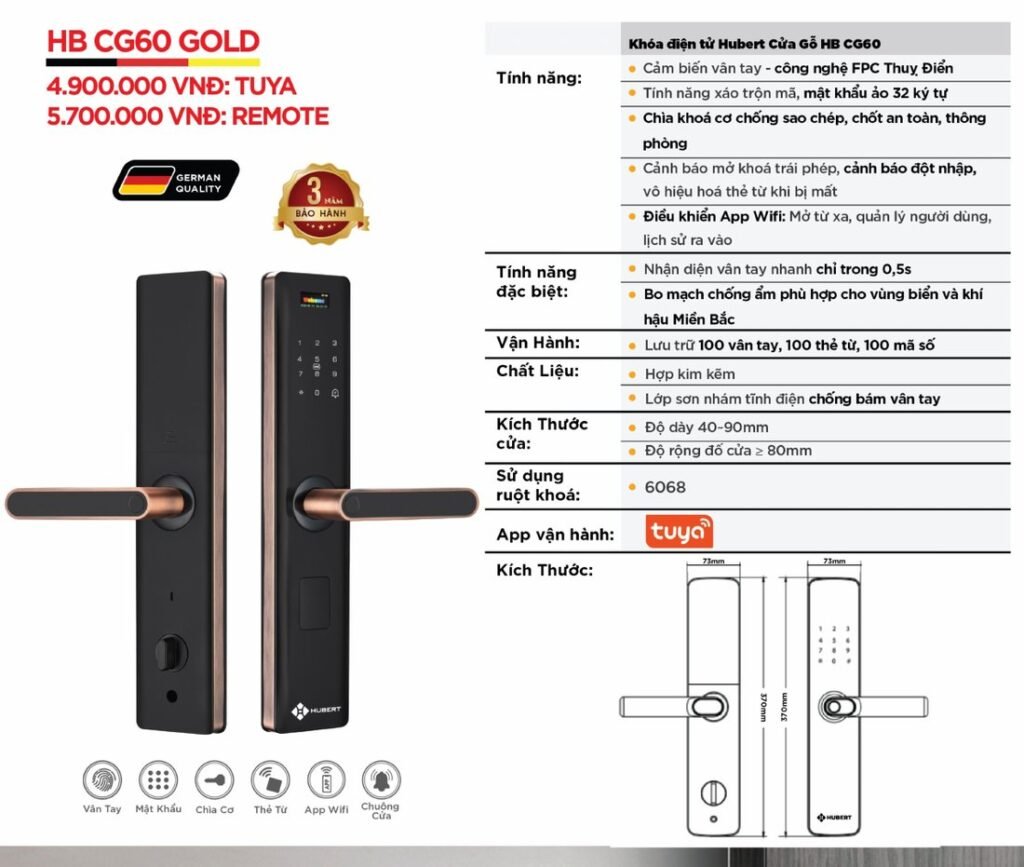Khóa điện tử Hubert Cửa Gỗ HB CG60 Gold