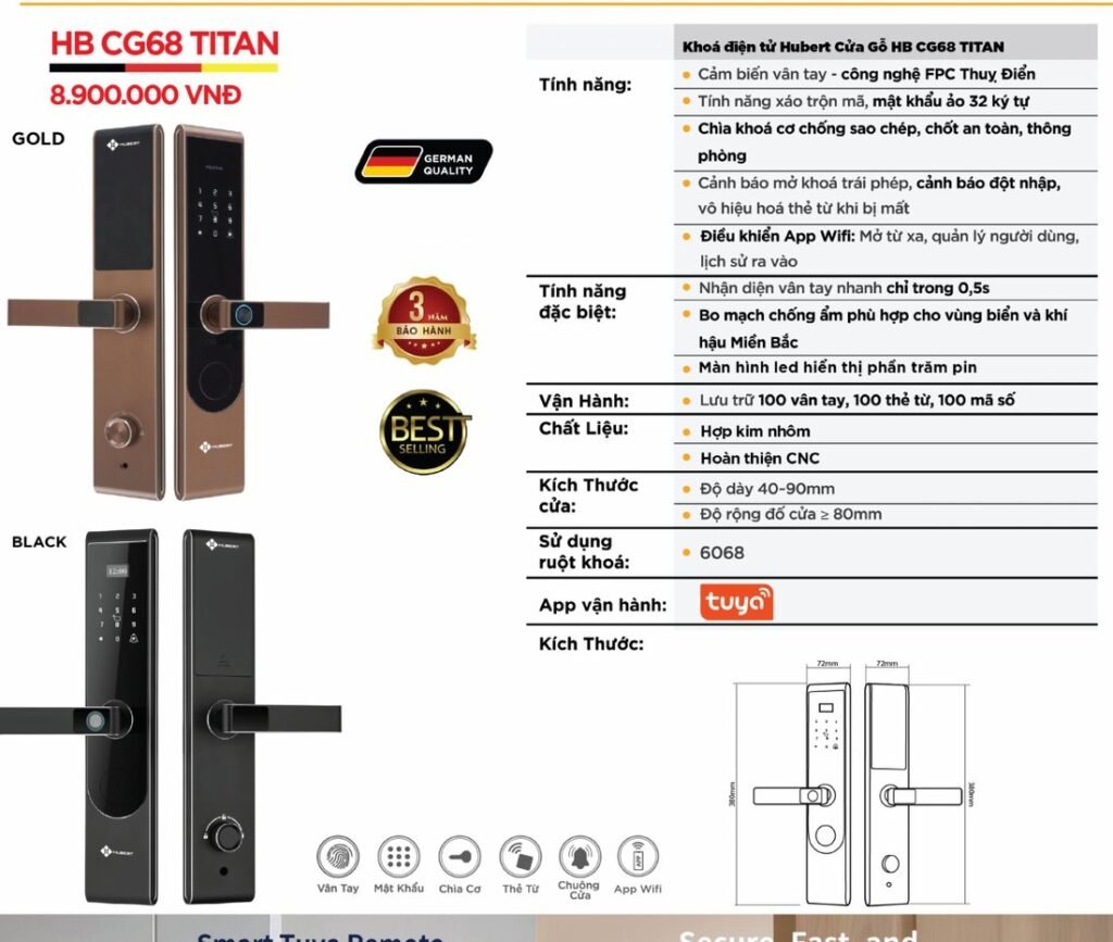 Khóa điện tử Hubert Cửa Gỗ HB CG68 Titan