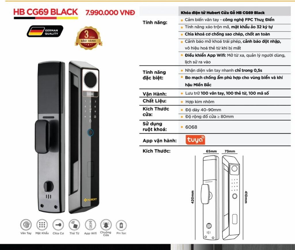 Khóa điện tử Hubert Cửa Gỗ HB CG69 Black