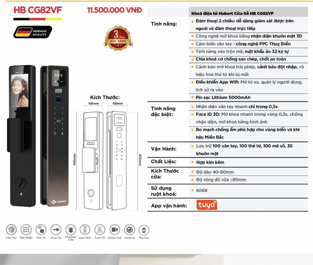 Khóa điện tử Hubert Cửa Gỗ HB CG82VF