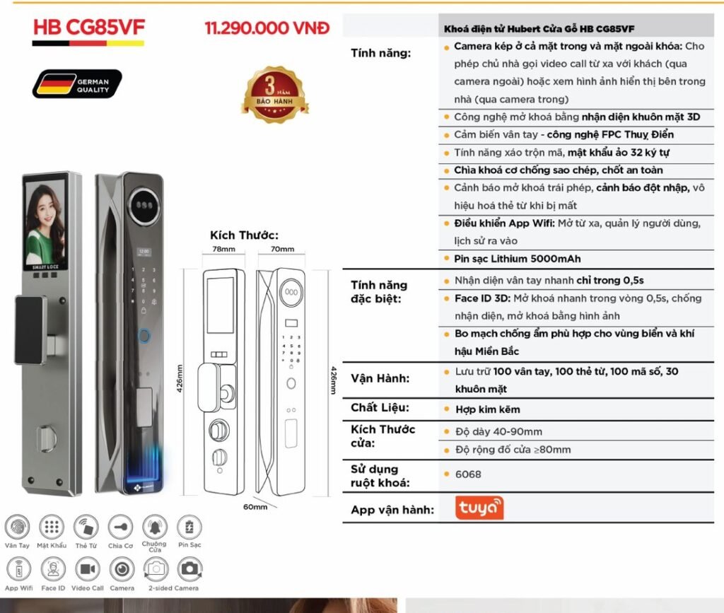 Khóa điện tử Hubert Cửa Gỗ HB CG85VF