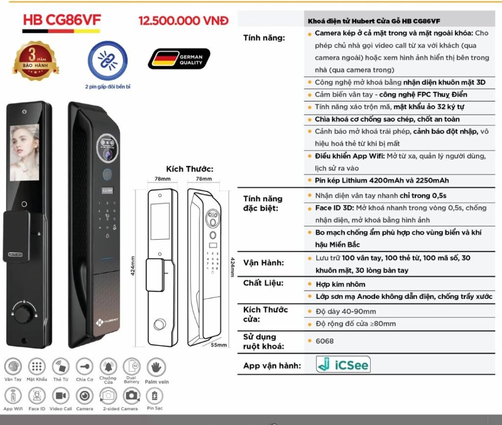 Khóa điện tử Hubert Cửa Gỗ HB CG86VF