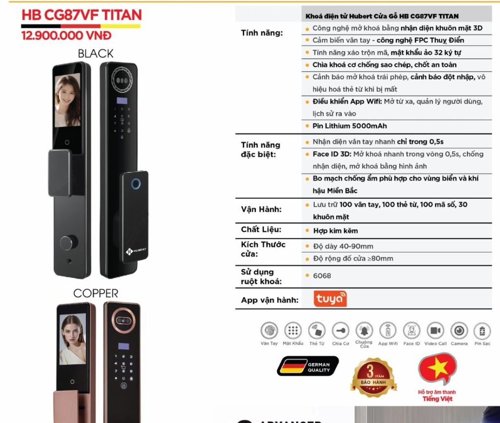 Khóa điện tử Hubert Cửa Gỗ HB CG87VF Titan