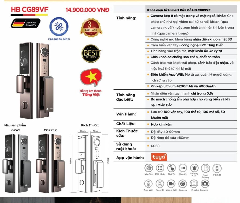 Khóa điện tử Hubert Cửa Gỗ HB CG89VF