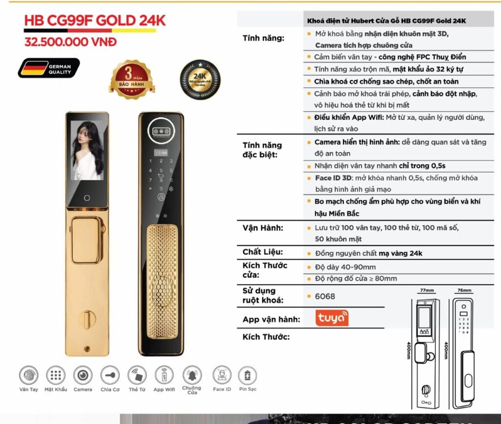 Khóa điện tử Hubert Cửa Gỗ HB CG99F Gold 24K