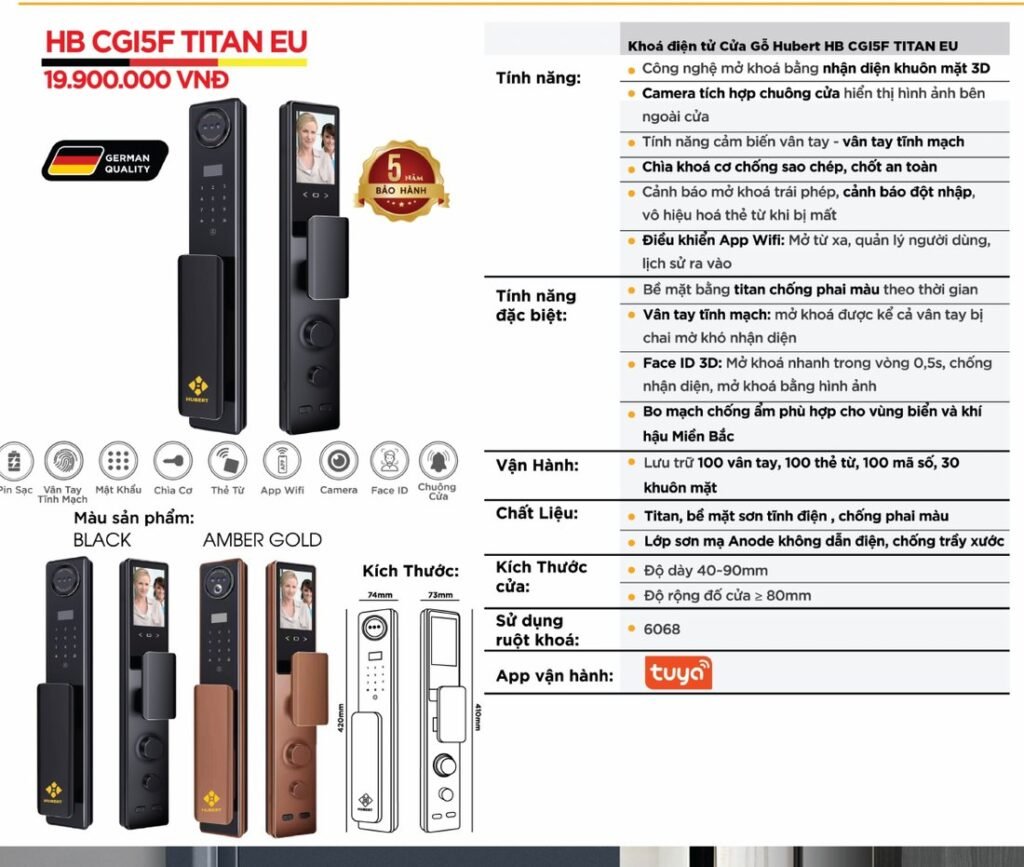 Khóa điện tử Hubert Cửa Gỗ HB CGI5F Titan EU