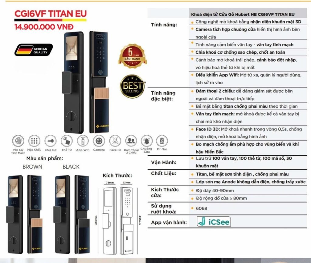 Khóa điện tử Hubert Cửa Gỗ HB CGI6VF Titan EU