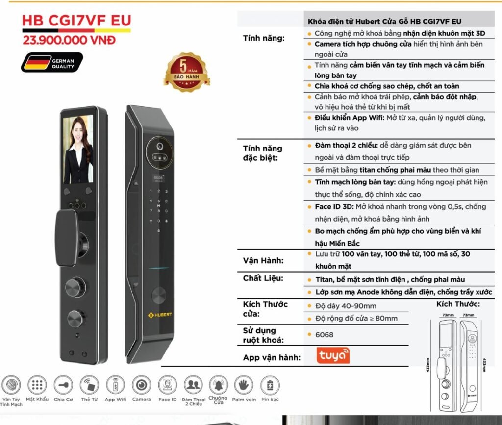 Khóa điện tử Hubert Cửa Gỗ HB CGI7VF EU