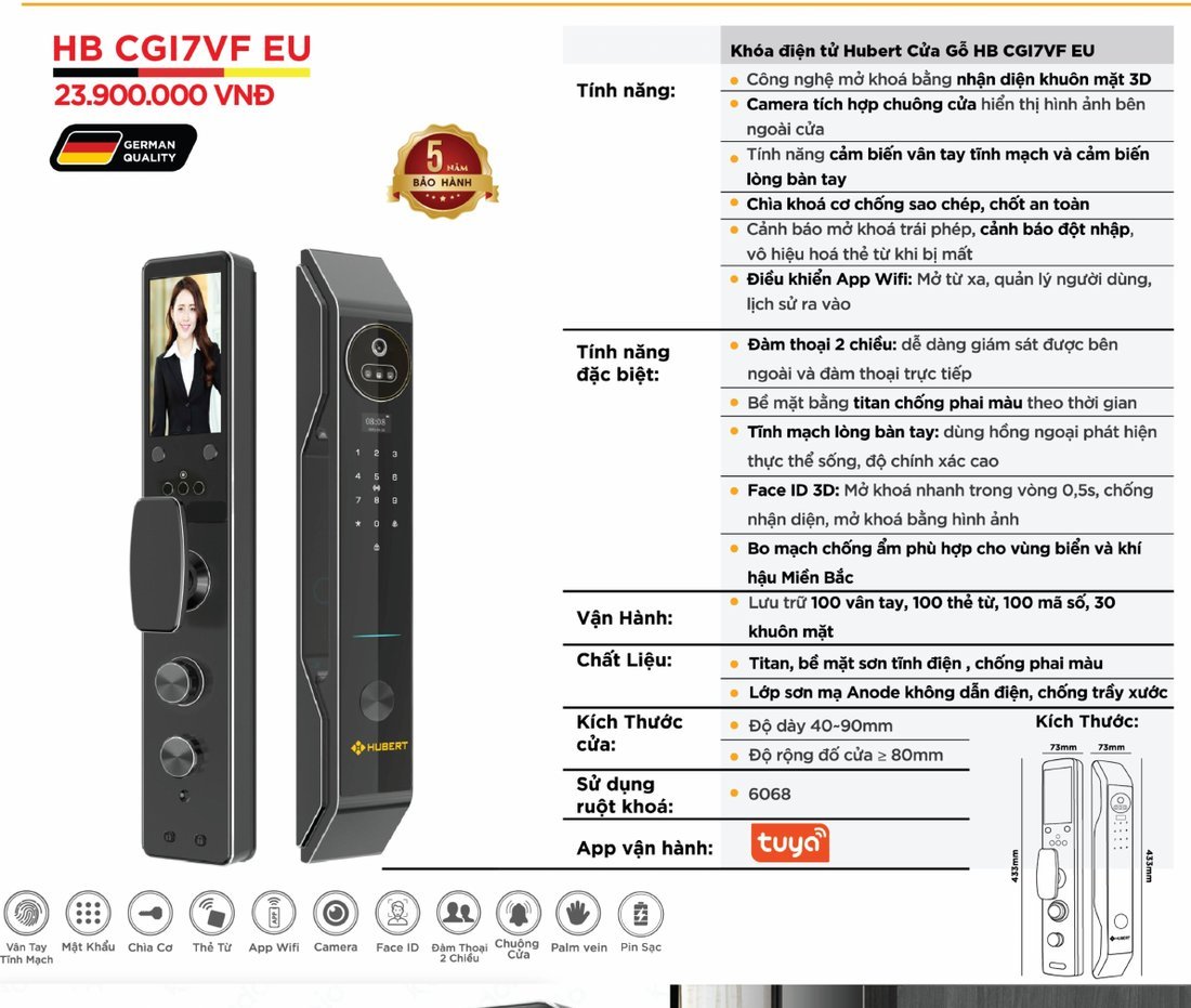 Khóa điện tử Hubert Cửa Gỗ HB CGI7VF EU