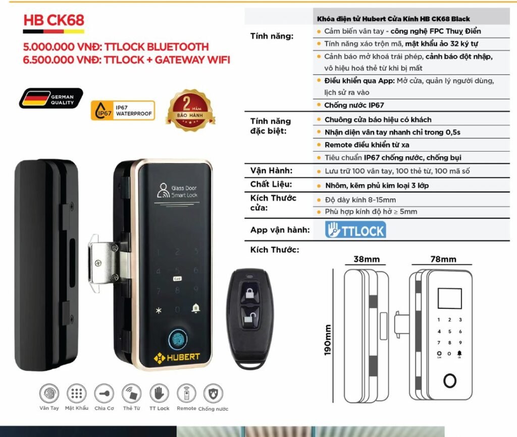 Khóa điện tử Hubert Cửa Kính HB CK68 Black