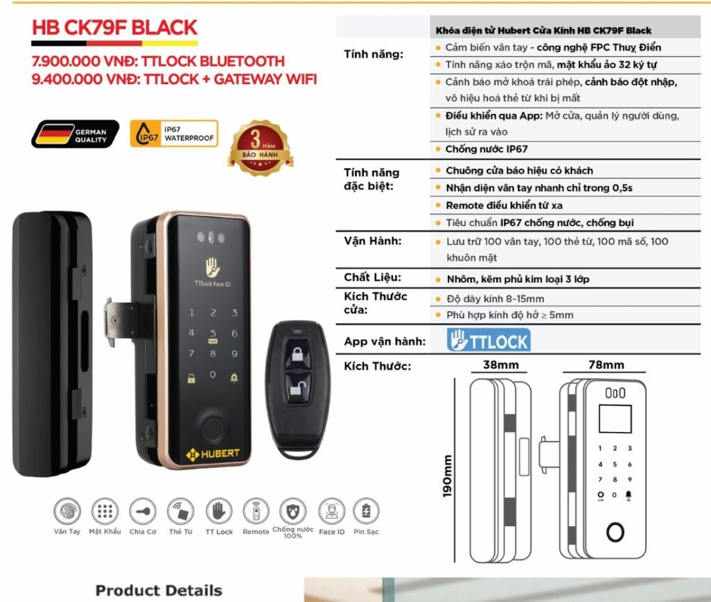 Khóa điện tử Hubert Cửa Kính HB CK79F Black
