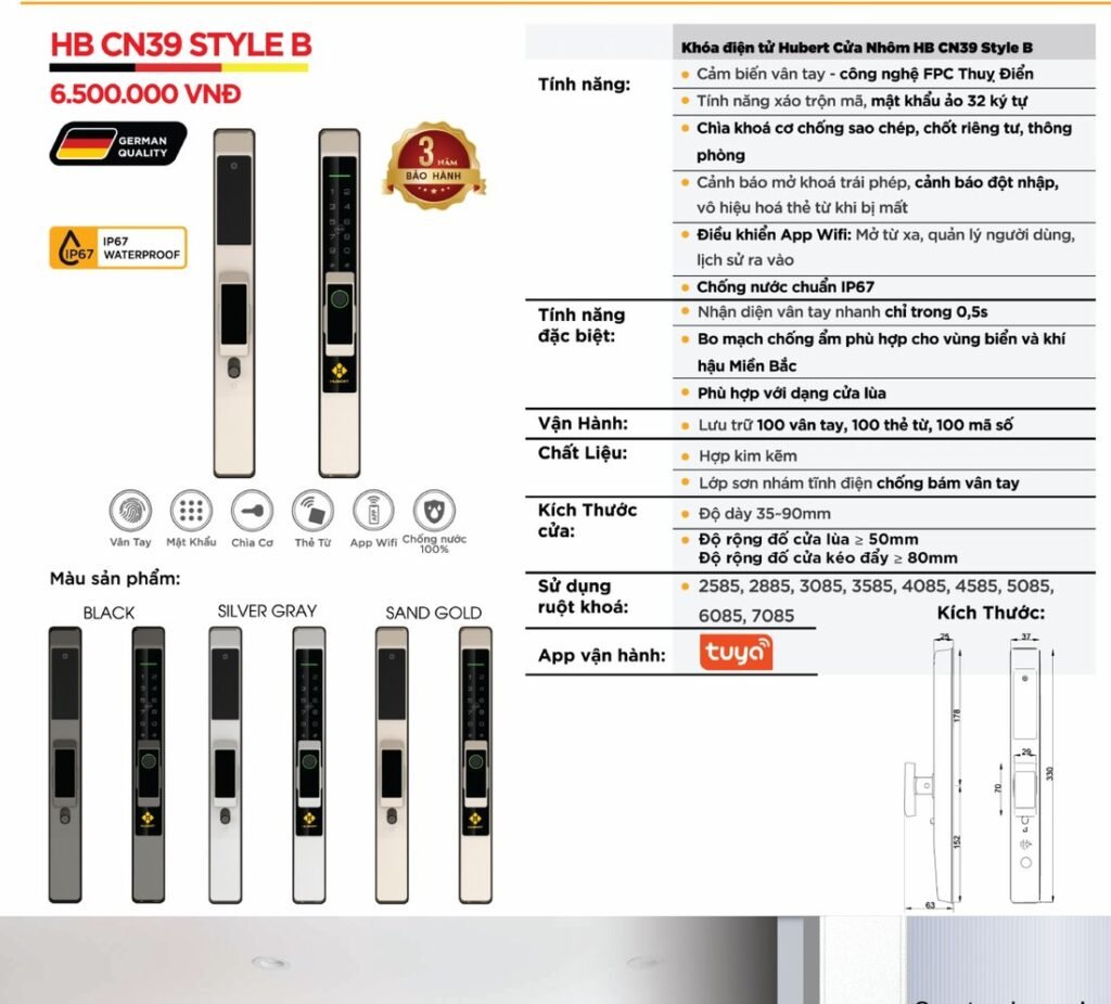 Khóa điện tử Hubert Cửa Nhôm (Cửa Lùa) HB CN39 Style B