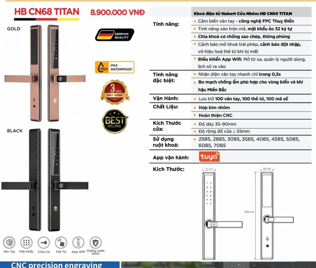 Khóa điện tử Hubert Cửa Nhôm HB CN68 Titan